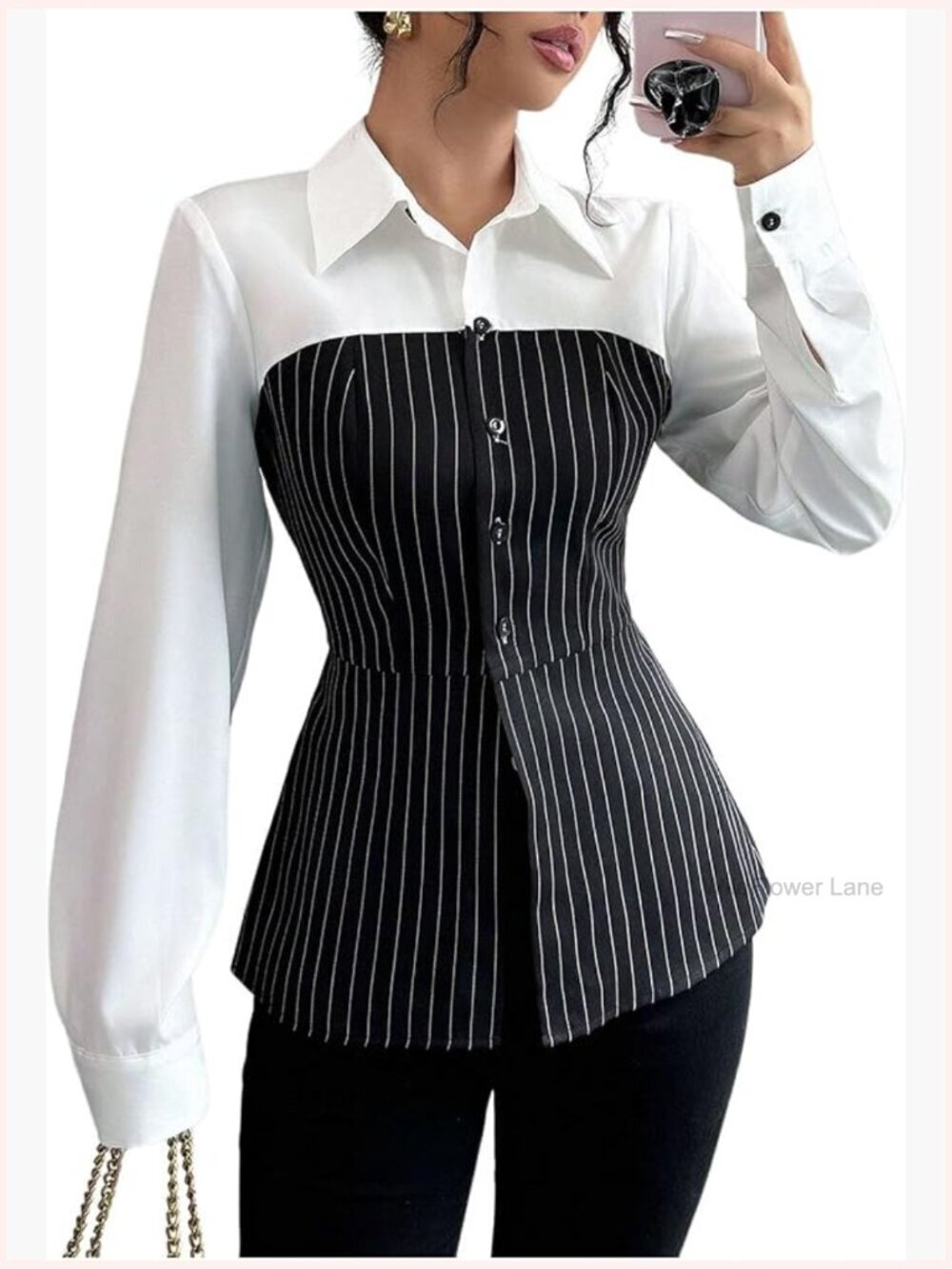 Long Sleeve Button Down Fitted Color Block Striped Blouse Shirt Work Top